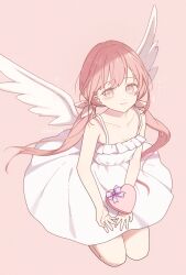 Rule 34 | 1girl, bare arms, bare shoulders, box, brown background, brown eyes, brown hair, closed mouth, collarbone, danby merong, dress, feathered wings, frilled dress, frills, full body, hair ribbon, heart-shaped box, long hair, looking at viewer, low twintails, original, ribbon, simple background, sleeveless, sleeveless dress, smile, solo, twintails, very long hair, white dress, white ribbon, white wings, wings