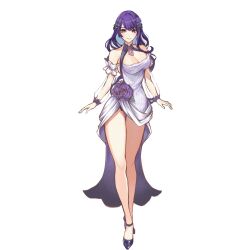Rule 34 | 1girl, absurdres, alternate costume, bare legs, bare shoulders, breasts, cleavage, commentary request, detached sleeves, dress, full body, genshin impact, highres, il0ha genshin, large breasts, long hair, long sleeves, looking at viewer, medium breasts, purple eyes, purple hair, raiden shogun, see-through, see-through sleeves, shoes, sleeveless, sleeveless dress, smile, solo, standing, thighs, white dress