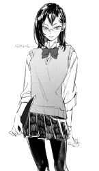 Rule 34 | 1girl, bow, bowtie, clipboard, closed mouth, collared shirt, cowboy shot, expressionless, eyebrows, eyelashes, greyscale, haikyuu!!, highres, holding, holding clipboard, looking at viewer, medium hair, monochrome, pantyhose, pleated skirt, rimless eyewear, school uniform, sh0mew0r38kso, shimizu kiyoko, shirt, simple background, skirt, sleeves rolled up, solo, standing, sweater vest