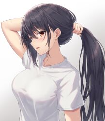 Rule 34 | 1girl, black hair, blush, breasts, hair between eyes, highres, holding, holding own hair, kantai collection, large breasts, long hair, monoku, nagato (kancolle), open mouth, red eyes, shirt, short sleeves, smile, solo, tying hair, upper body, white shirt