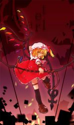Rule 34 | 1girl, black thighhighs, blonde hair, blouse, dress, etogami kazuya, female focus, flandre scarlet, full body, hat, holding, holding weapon, kneehighs, laevatein, looking at viewer, mob cap, polearm, puffy short sleeves, puffy sleeves, red background, red dress, red eyes, shirt, short sleeves, socks, solo, spear, thigh strap, thighhighs, touhou, weapon, white hat, white shirt, wings, zettai ryouiki