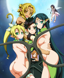 Rule 34 | 10s, 1boy, 4girls, :d, alicia rue, ass, asuna (sao), barefoot, black hair, blonde hair, braid, breasts, circlet, ear covers, elf, fairy, fang, feet, gacchi (supergatchi), girl sandwich, glasses view, green eyes, green hair, highres, iei, kirito, kirito (sao-alo), large breasts, leafa, long hair, looking at viewer, medium breasts, mini person, minigirl, moon, multiple girls, open mouth, picture frame, pimp, pointy ears, portrait, sakuya (sao), sandwiched, smile, sword art online, twin braids, very long hair, wings, x-ray, x-ray glasses, x-ray vision, yellow eyes, yui (sao), yui (sao-alo)