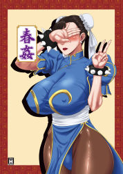Rule 34 | 1girl, black hair, blush, bracelet, breasts, capcom, chun-li, covered erect nipples, covering own eyes, curvy, double bun, hair bun, huge breasts, jewelry, ml, pantyhose, solo, spiked bracelet, spikes, standing, street fighter, thick thighs, thighs, wide hips
