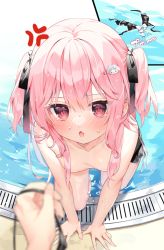 Rule 34 | 1girl, anger vein, bikini, bikini top only, black bikini, black ribbon, blurry, blush, breasts, chihiro (khorosho), collarbone, depth of field, fingernails, hair ribbon, holding, holding clothes, holding swimsuit, looking at viewer, open mouth, original, pink hair, pool, pov, red eyes, ribbon, short hair, small breasts, solo focus, swimsuit, topless, twintails, water, wet