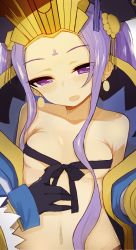 Rule 34 | 1girl, areola slip, bare shoulders, black ribbon, blush, bracer, breasts, clothes down, collarbone, covering privates, covering breasts, earrings, facial mark, fang, fate/grand order, fate (series), fengguan, forehead mark, gloves, groin, hair ornament, head tilt, headpiece, highres, izuoku, jewelry, light purple hair, looking at viewer, navel, nose blush, open mouth, purple eyes, ribbon, ribbon bra, sidelocks, small breasts, solo, stomach, upper body, wu zetian (fate)