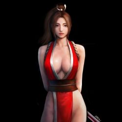 Rule 34 | 1girl, arms behind back, bare shoulders, black background, breasts, brown eyes, brown hair, cleavage, closed mouth, collarbone, commentary, english commentary, eron kim, facing viewer, fatal fury, folded fan, folding fan, hand fan, high ponytail, highres, japanese clothes, large breasts, looking at viewer, ninja, obi, pelvic curtain, ponytail, realistic, revealing clothes, rope, sash, shiranui mai, simple background, solo, the king of fighters