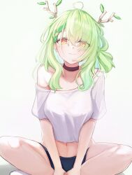 Rule 34 | 1girl, absurdres, ahoge, alternate costume, antlers, black choker, braid, breasts, ceres fauna, choker, green hair, highres, hololive, hololive english, horns, large breasts, long hair, looking at viewer, mole, mole under eye, off-shoulder shirt, off shoulder, psypolo d, shirt, single braid, sitting, smile, socks, solo, virtual youtuber, white shirt, white socks, yellow eyes