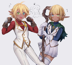 Rule 34 | 1boy, 1girl, ahoge, armor, aura bella fiora, blonde hair, blue eyes, blunt bangs, blush, brother and sister, cape, capelet, closed mouth, crossdressing, dark-skinned female, dark-skinned male, dark elf, dark skin, elf, gloves, green cape, green eyes, hair between eyes, heart, heterochromia, highres, holding, holding staff, jewelry, long sleeves, looking at viewer, mare bello fiore, miniskirt, nama, necklace, open mouth, overlord (maruyama), pants, pleated skirt, pointy ears, reverse trap, scale armor, shirt, short hair, siblings, skirt, smiley face, staff, thighhighs, thighs, trap, twins, vest, white background, white gloves, white pants, white shirt, white skirt, white thighhighs, white vest, wooden staff