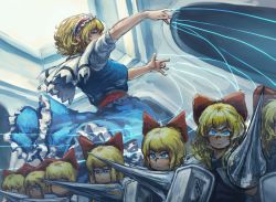 Rule 34 | 1girl, alice margatroid, blonde hair, blue dress, blue eyes, bow, capelet, chanta (ayatakaoisii), doll, dress, from below, from side, hair bow, hairband, holding, holding shield, holding weapon, lance, lolita hairband, looking afar, looking at viewer, multiple persona, polearm, puppet strings, sash, shanghai doll, shield, sideways glance, touhou, weapon