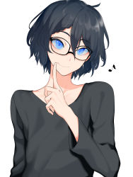 Rule 34 | 1boy, absurdres, black-framed eyewear, black hair, black shirt, blouse, blue eyes, braid, braided bangs, closed mouth, collarbone, commentary, glasses, hair between eyes, highres, index finger raised, indie virtual youtuber, kushizaki (vtuber), long sleeves, looking at viewer, male focus, mole, mole above eye, musical note, shirt, short hair, simple background, single braid, smile, solo, st (youx1119), upper body, virtual youtuber, white background