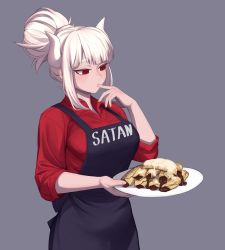 Rule 34 | 1girl, apron, black apron, blunt bangs, breasts, character name, collared shirt, commentary, cowboy shot, cream, demon girl, demon horns, demon tail, finger in own mouth, food, grey background, helltaker, highres, holding, holding plate, horns, jdw, large breasts, long hair, lucifer (helltaker), mole, mole under eye, plate, ponytail, red eyes, red shirt, shirt, sleeves past elbows, smile, solo, tail, tasting, white hair, white horns