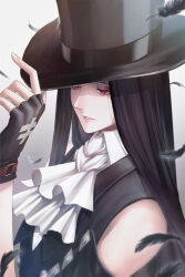 1other androgynous ascot bare_shoulders binsuke black_gloves black_hair falling_feathers feathers fingerless_gloves gloves guilty_gear guilty_gear_strive half-closed_eyes hat hat_tip long_hair other_focus red_eyes solo testament_(guilty_gear) top_hat white_ascot