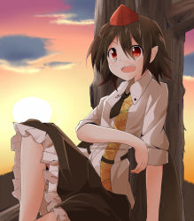 Rule 34 | 1girl, brown hair, cloud, floral print, hat, highres, hiro (pqtks113), in tree, open mouth, pointy ears, red eyes, shameimaru aya, shirt, sitting, sitting in tree, skirt, sky, smile, solo, sunset, tokin hat, touhou, tree