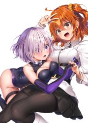 Rule 34 | 2girls, ahoge, bad id, bad pixiv id, bare shoulders, black dress, black pantyhose, black skirt, black thighhighs, blush, boots, breasts, chaldea uniform, cleavage, cleavage cutout, clothing cutout, collarbone, commentary request, dress, elbow gloves, eyes visible through hair, fate/grand order, fate (series), fujimaru ritsuka (female), gloves, hair between eyes, hair ornament, hair over one eye, hair scrunchie, highres, jacket, large breasts, light purple hair, long sleeves, looking at viewer, mash kyrielight, multiple girls, navy (navy.blue), one side up, open mouth, orange eyes, orange hair, pantyhose, pleated skirt, purple eyes, purple gloves, scrunchie, short hair, side ponytail, simple background, skirt, thigh strap, thighhighs, v, white background, white jacket, yellow scrunchie