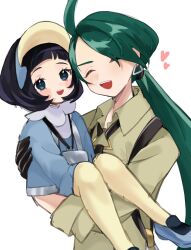 Rule 34 | 2girls, :d, ahoge, black gloves, black hair, black necktie, blush, carrying, closed eyes, collared shirt, commentary request, creatures (company), earrings, game freak, gloves, green hair, heart, highres, jewelry, long hair, multiple girls, necktie, nintendo, open mouth, pantyhose, pokemon, pokemon sv, ponytail, poppy (pokemon), rika (pokemon), shirt, shoes, simple background, smile, suspenders, teeth, tongue, ukocome, upper teeth only, white background, yellow pantyhose