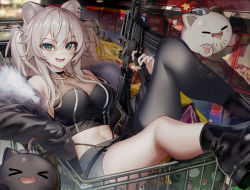 Rule 34 | 1girl, animal ears, assault rifle, bare shoulders, black footwear, black jacket, black shirt, black shorts, boots, breasts, cleavage, collar, crop top, earrings, fang, finger on trigger, fur trim, gun, highres, holding, holding gun, holding weapon, hololive, in shopping cart, jacket, jewelry, kawachi rin, large breasts, legs up, lion ears, long hair, long sleeves, looking at viewer, m4 carbine, midriff, navel, off shoulder, open clothes, open jacket, rifle, see-through, see-through cleavage, shirt, shishiro botan, shishiro botan (1st costume), shopping cart, short shorts, shorts, single leg pantyhose, sleeveless, sleeveless shirt, solo, ssrb (shishiro botan), stomach, thighs, two side up, virtual youtuber, weapon