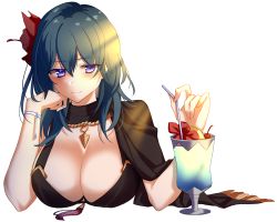 Rule 34 | 1girl, arcelle, bikini, black bikini, blue eyes, blue hair, breasts, byleth (female) (fire emblem), byleth (female) (summer) (fire emblem), byleth (fire emblem), cleavage, closed mouth, drinking straw, fire emblem, fire emblem: three houses, fire emblem heroes, flower, glass, hair flower, hair ornament, highres, large breasts, nintendo, official alternate costume, smile, solo, swimsuit, transparent background, upper body