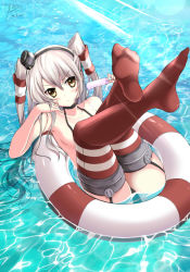 Rule 34 | 10s, 1girl, amatsukaze (kancolle), black panties, blush, choker, dated, feet, food, kantai collection, legs up, long hair, no shoes, panties, partially submerged, personification, popsicle, red thighhighs, signature, silver hair, solo, striped clothes, striped thighhighs, sunlight, thighhighs, two side up, underwear, water, yellow eyes, yomi yasou