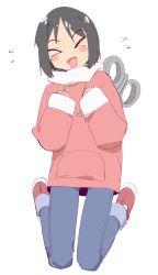 Rule 34 | &gt; &lt;, 1girl, absurdres, black hair, blush, blush stickers, denim, eds, closed eyes, full body, hands up, highres, hood, hoodie, jeans, long sleeves, nichijou, open mouth, pants, red footwear, red hoodie, robot, shinonome nano, shoes, short hair, simple background, smile, solo, white background, winding key