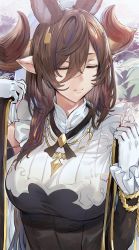 Rule 34 | 1girl, animal ears, bare shoulders, black dress, blush, breasts, brown hair, closed eyes, closed mouth, detached sleeves, dress, extra ears, frilled sleeves, frills, galleon (granblue fantasy), gloves, granblue fantasy, hair between eyes, hews, highres, horns, large breasts, long hair, long sleeves, pointy ears, solo, upper body, white gloves