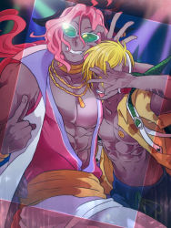Rule 34 | 10s, 2boys, abs, argon (show by rock!!), arm around waist, arm tattoo, blonde hair, chain, chain, covering face, dark skin, dark-skinned male, framed, gazelle ears, gazelle horns, gold chain, headphones, jewelry, looking at viewer, male focus, maruboku, multiple boys, necklace, pink hair, sash, shorts, show by rock!!, sleeveless, smile, sunglasses, tattoo, tongue, tongue out, turtle b.i.g.