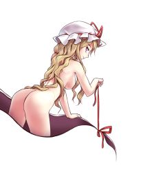 Rule 34 | 1girl, ass, back, bad id, bad twitter id, blonde hair, breasts, from behind, gap (touhou), hat, hat ribbon, long hair, looking at viewer, looking back, minust, mob cap, nude, profile, purple eyes, ribbon, simple background, smile, solo, touhou, white background, yakumo yukari