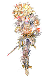 Rule 34 | 1other, armor, artist name, commentary, english commentary, full body, looking at viewer, maruti bitamin, original, red eyes, seashell, shell, short hair, signature, simple background, standing, sword, weapon, white background, white hair