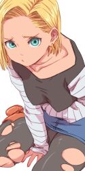 Rule 34 | 1girl, android 18, aonori misuji, blonde hair, blue eyes, breasts, closed mouth, denim, denim skirt, dragon ball, dragonball z, earrings, full body, jewelry, looking at viewer, medium breasts, pantyhose, shirt, short hair, simple background, skirt, solo, striped sleeves, torn clothes