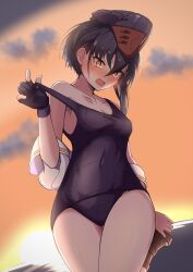 Rule 34 | 1girl, 702 (naotsu), absurdres, adjusting footwear, asymmetrical hair, black gloves, black hair, black one-piece swimsuit, blush, breasts, brown eyes, brown footwear, cloud, evening, gloves, hair between eyes, headgear, highres, i-13 (kancolle), kantai collection, medium breasts, one-piece swimsuit, open mouth, outdoors, partially fingerless gloves, short hair, single glove, sky, solo, sunset, swimsuit, wet