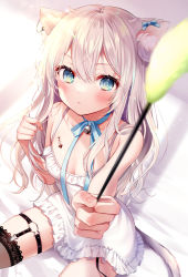 Rule 34 | 1girl, animal ear fluff, animal ears, aqua eyes, arm up, bare shoulders, bed sheet, black thighhighs, blue ribbon, blush, breast tattoo, breasts, cat ears, cat girl, cat tail, cat teaser, cleavage, closed mouth, collarbone, dress, frilled dress, frills, from above, garter straps, hair ribbon, highres, holding, long hair, looking at viewer, looking up, neck ribbon, on bed, original, outstretched arm, ribbon, sitting, sleeveless, sleeveless dress, small breasts, solo, tail, tattoo, thigh strap, thighhighs, white dress, white hair, yugirlpict