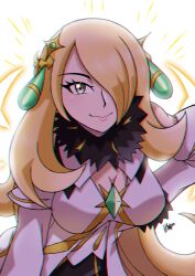 1girl blonde_hair breasts cleavage closed_mouth coat creatures_(company) cynthia_(arc_suit)_(pokemon) cynthia_(pokemon) detached_sleeves eyelashes game_freak grey_eyes hair_ornament hair_over_one_eye highres inglebard long_hair long_sleeves nintendo official_alternate_costume pokemon pokemon_masters_ex smile solo very_long_hair white_coat