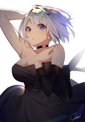 Rule 34 | 1girl, :o, arm up, armpits, bare shoulders, black choker, black dress, blue eyes, blue hair, blue nails, breasts, choker, cleavage, collarbone, commentary request, cowboy shot, detached sleeves, dress, hair ornament, hand on own chest, highres, kisui (28992125), large breasts, long sleeves, looking at viewer, nail polish, original, parted lips, short hair, signature, simple background, solo, strapless, strapless dress, white background, x hair ornament