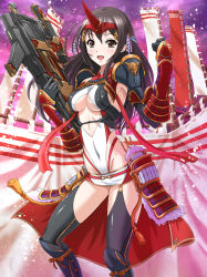Rule 34 | 1girl, :d, arm guards, armor, black thighhighs, bodysuit, breasts, brown eyes, brown hair, center opening, chaki-yam, cleavage, flag, garter straps, gun, horns, knee pads, open mouth, original, sidelocks, smile, thighhighs, underboob, weapon, white thighhighs