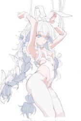 Rule 34 | 1girl, animal ears, armpits, arms up, azur lane, blue eyes, braid, breast curtains, breasts, cropped legs, cross-shaped pupils, crotchless, crotchless pantyhose, fake animal ears, highres, le malin (azur lane), le malin (listless lapin) (azur lane), leotard, long hair, low twin braids, official alternate costume, pantyhose, playboy bunny, rabbit ears, small breasts, solo, symbol-shaped pupils, twin braids, very long hair, white hair, white leotard, white pantyhose, zzzearly