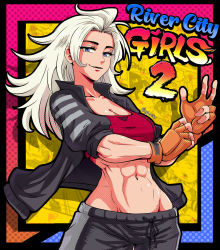Rule 34 | 1girl, adjusting clothes, adjusting gloves, arc system works, artist name, black jacket, black pants, blue eyes, breasts, brown gloves, cleavage, collarbone, cowboy shot, double dragon, female focus, fingerless gloves, framed, gloves, gradient background, highres, jacket, kunio-kun series, large breasts, long hair, looking at viewer, marian kelly, muscular, muscular female, navel, ogi sifer, open clothes, open jacket, panels, pants, parted bangs, patterned background, red shirt, river city girls, shirt, smile, solo, standing, tank top, title, toned, toned female, track pants, white hair