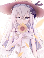 Rule 34 | 1girl, alternate costume, azusa (blue archive), bare shoulders, blue archive, blurry, commentary request, cowboy shot, crossed bangs, depth of field, dress, facing viewer, flower, grey eyes, hair flower, hair ornament, hat, highres, holding, holding flower, long hair, off-shoulder dress, off shoulder, purple flower, solo, straw hat, sunflower, white dress, white hair, yashiro hachi, yellow hat