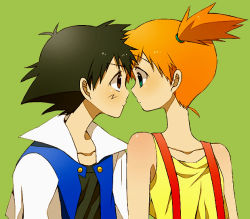 Rule 34 | 1boy, 1girl, ash ketchum, bad id, bad pixiv id, bare shoulders, black hair, brown eyes, child, creatures (company), eye contact, face-to-face, game freak, green background, green eyes, jacket, looking at another, misty (pokemon), mochi730, nintendo, orange hair, pokemon, pokemon (anime), side ponytail, simple background, suspenders
