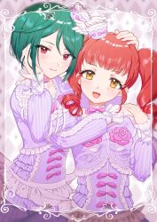 Rule 34 | 2girls, absurdres, akagi anna, blunt bangs, closed mouth, floral print, flower, frilled shirt, frills, green hair, hand on another&#039;s cheek, hand on another&#039;s face, hand on another&#039;s hand, hand on another&#039;s head, hand on another&#039;s shoulder, hands up, highres, hourai ninjin, idol clothes, kiratto pri chan, long hair, long sleeves, looking at viewer, midorikawa sara, mini person, minigirl, multiple girls, open mouth, pink eyes, pink flower, pink ribbon, pink rose, pretty series, puffy long sleeves, puffy sleeves, purple shirt, red hair, ribbon, rose, shirt, short hair, smile, twintails, upper body, yellow eyes