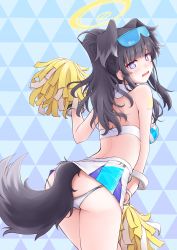Rule 34 | 1girl, animal ears, ass, bare shoulders, bent over, black hair, blue archive, blush, breasts, cheerleader, cowboy shot, extra ears, eyewear on head, from behind, halo, hibiki (blue archive), hibiki (cheer squad) (blue archive), highres, holding, holding pom poms, long hair, looking at viewer, medium breasts, meihemu, millennium cheerleader outfit (blue archive), miniskirt, open mouth, panties, pom pom (cheerleading), pom poms, ponytail, skirt, sleeveless, solo, sticker on arm, sunglasses, tail, thighs, tiles, underwear, white panties