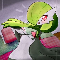 Rule 34 | 1girl, arms up, artist name, blush, bob cut, colored skin, creatures (company), female focus, flat chest, frilled pillow, frills, from side, full body, game freak, gardevoir, gen 3 pokemon, green hair, green skin, hair over one eye, half-closed eyes, hands on own knees, happy, highres, indoors, knees up, legs together, looking at viewer, multicolored skin, nintendo, notice lines, on bed, one eye covered, open mouth, outstretched arms, own hands together, pillow, pokemon, pokemon (creature), short hair, signature, sitting, smile, solo, twitter username, two-tone skin, white skin, yuri (fl0werspace)