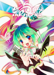 Rule 34 | 1girl, aqua hair, blush, bug, butterfly, colorful, detached sleeves, green nails, hatsune miku, bug, kamiya yuu, long hair, microphone, microphone stand, multicolored hair, nail polish, necktie, solo, thighhighs, twintails, very long hair, vocaloid