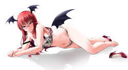 Rule 34 | bad feet, bad id, bad pixiv id, bat wings, bespectacled, blush, bra, breasts, collarbone, commentary request, demon girl, artistic error, eyelashes, full body, glasses, head wings, high heels, highres, koakuma, lace, lace-trimmed bra, lace-trimmed panties, lace trim, large breasts, long hair, looking at viewer, low wings, navel, panties, pointy ears, pumps, red-framed eyewear, red eyes, red footwear, red hair, semi-rimless eyewear, shadow, unworn shoe, shoes, unworn shoes, simple background, single shoe, smile, solo, stiletto heels, strap slip, touhou, underwear, underwear only, white background, wings, yumi (careca398)