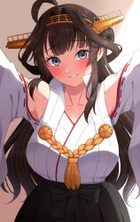 Rule 34 | 1girl, ahoge, bare shoulders, black hakama, blush, breasts, brown hair, collarbone, detached sleeves, double bun, grey eyes, hair bun, hairband, hakama, headgear, highres, japanese clothes, kantai collection, kongou (kancolle), large breasts, long hair, looking at viewer, nontraditional miko, open mouth, ribbon-trimmed sleeves, ribbon trim, solo, upper body, white sleeves, wide sleeves, yomogi dango