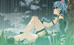 Rule 34 | 1girl, animal ears, asymmetrical clothes, blue eyes, blue hair, cat ears, cat tail, cloud, day, forest, grey sky, hair ribbon, highres, mouth hold, nature, profile, rain, ribbon, shikei, short hair, short hair with long locks, sinon, sinon (sao-alo), sitting, sky, solo, sword art online, tail, thighs, tree, wet