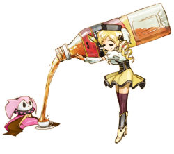 Rule 34 | 10s, 1girl, beret, blonde hair, book, bottle, charlotte (madoka magica), closed eyes, cup, decantering, drill hair, hat, kanix, magical girl, mahou shoujo madoka magica, mahou shoujo madoka magica (anime), no gloves, pouring, pun, simple background, tea, teacup, teao, thighhighs, tomoe mami, twin drills, twintails