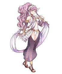 Rule 34 | 1girl, braid, breasts, feet, female focus, fire emblem, fire emblem awakening, fire emblem heroes, full body, midriff, navel, nintendo, olivia (fire emblem), pink eyes, pink hair, ponytail, revealing clothes, sandals, see-through, simple background, solo, thighhighs, third-party edit, twin braids, white background