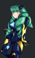 Rule 34 | 1girl, absurdres, artist request, breasts, cosplay, drill hair, fiore brunelli, gloves, green hair, highres, lipstick, long hair, looking at viewer, makeup, neon genesis evangelion, plugsuit, smile, solo, star ocean, star ocean integrity and faithlessness, yellow eyes