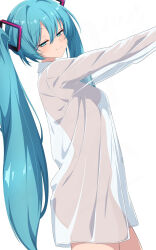 1girl absurdres alternate_costume aqua_eyes aqua_hair arms_up breasts dress_shirt hair_between_eyes half-closed_eyes hands_out_of_frame hatsune_miku highres long_sleeves looking_at_viewer nishizuki_shino outstretched_arms oversized_clothes oversized_shirt see-through_clothes see-through_shirt see-through_silhouette shirt smile standing twintails vocaloid