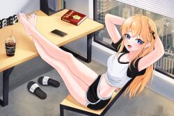 Rule 34 | 1girl, :d, absurdres, arms behind head, arms up, bare legs, barefoot, black shorts, blonde hair, blue eyes, blue nails, breasts, chair, commentary, commission, crop top, cup, disposable cup, drinking straw, flip-flops, highres, indoors, long hair, looking at viewer, medium breasts, midriff, nail polish, nyanbutter, open mouth, original, sandals, shoes, unworn shoes, short shorts, shorts, smile, solo, table, thighs, toenail polish, toenails, window