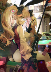 Rule 34 | animal ear fluff, animal ears, ass, black ribbon, breasts, card, casino, casino card table, fate/grand order, fate (series), fox ears, fox girl, fox tail, glasses, gun, hair ribbon, holding, holding card, holding weapon, joker (playing card), koyanskaya (assassin) (second ascension) (fate), koyanskaya (fate), large breasts, leotard, looking at viewer, official art, pink hair, playing card, ribbon, rifle, sitting, sniper rifle, table, tail, tamamo (fate), thong leotard, tongue, tongue out, twintails, wada arco, weapon, yellow eyes